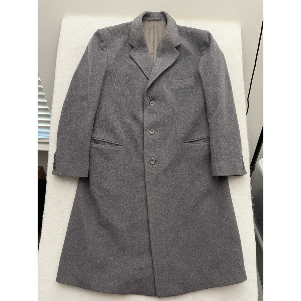 VTG Stafford Tweed Wool Trench Overcoat Men's 46 Gray Grandpa 90s Long Coat